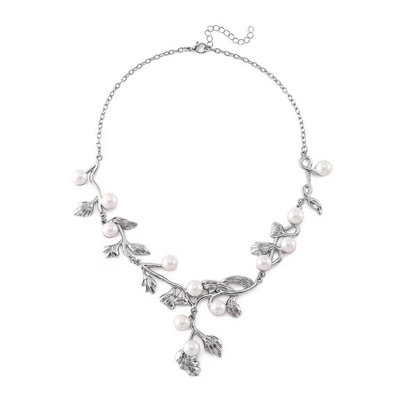 Stunning White Shell Pearl Leaf Necklace and Earrings in Silvertone 2 Piece Set - Picture 2 of 3